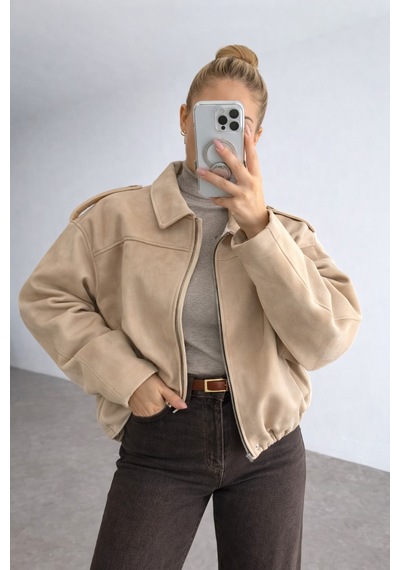Prifaldi Zr Oversize Bej Süet Bomber Ceket