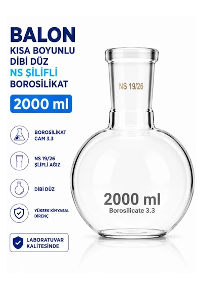 Balon Kısa Boyunlu Dibi Düz Ns Şilifli Borosilikat 2000 Ml