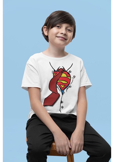 Sevbano Tasarım Süperman Baskılı Unisex Çizgi Film Çocuk Tişört 1-12 Yaş Beyaz