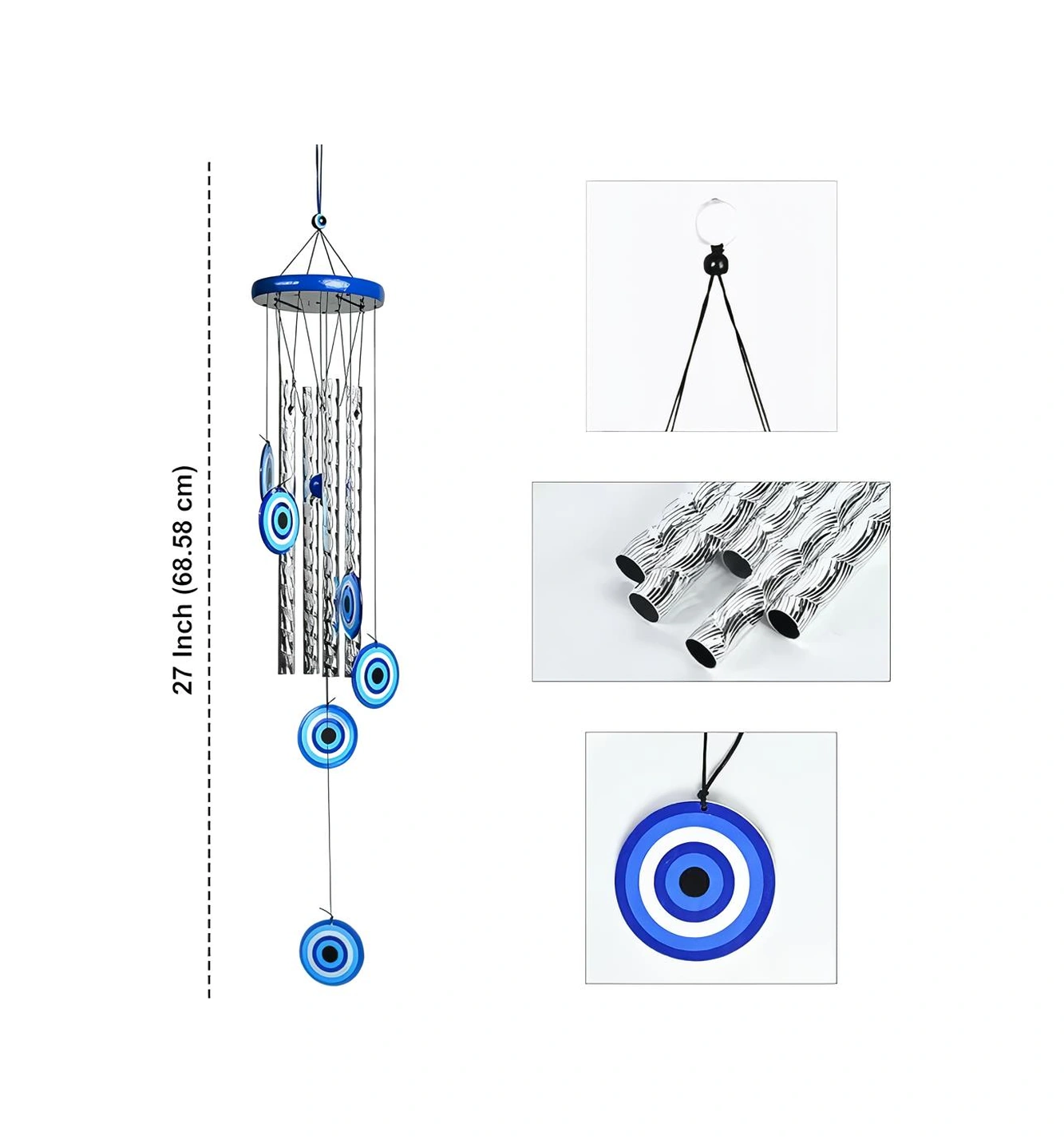 Feng Shui Nazar Boncuğu Rüzgar Çanı Metal Kötü Göze Karşı Dış Mekan Dekoratif Bahçe Kapı Süsü 60 Cm. 60  Cm