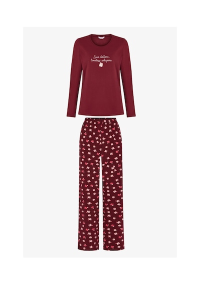 Penti Bordo Letters Kuş Desenli Uzun Kollu Pantolon Pijama Takımı