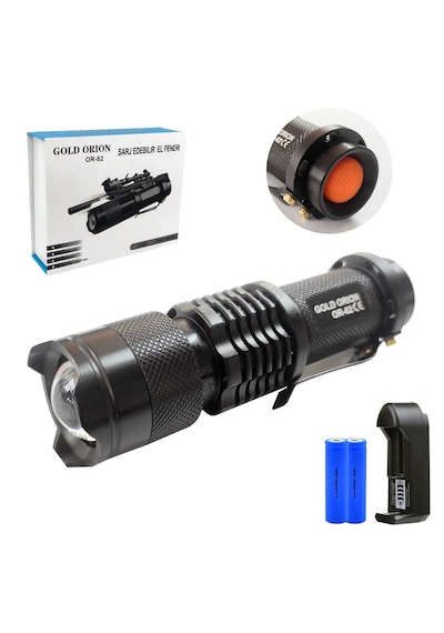 Gold Orion Or-82 Şarj Edilebilir El Feneri Cree T6 Güçlü Led Işık, Su Geçirmez Metal Gövde Siyah