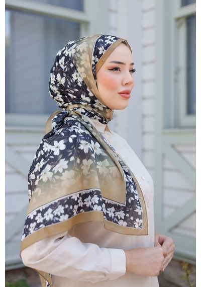 Mimiyum Lemon Flower Nayf İpek Şal - Siyah - Kahverengi