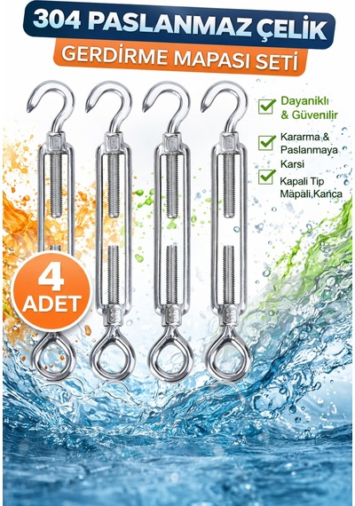 Çelik Gerdirme Turnbuckle Yüksek Dirençli Kanca & Mapalı Uçlu Gerdirme Aparatı 4 Adet