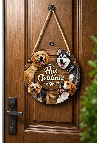 Köpek Figürlü Hoş Geldiniz Kapı Süsü Yuvarlak Dekoratif Kapı Panosu Ahşap
