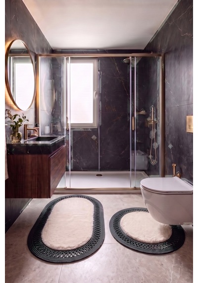 Banyo Paspası Takımı 60x100+60x60 Cm İç Trikot Bej & Antrasit Gri