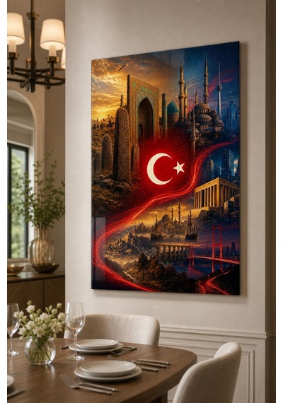 Türkiye Temalı Baskılı Cam Tablo Türk Bayrağı Ve Tarihi Mimari Duvar Dekoru