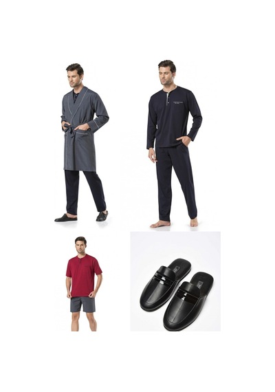 Pierre Cardin 5'li Lacivert Damat Robdöşambr Ve Pijama Takımı Terlik Hediyeli