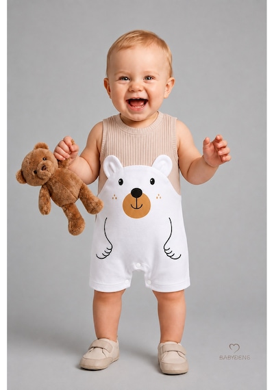 Babyden's Erkek Bebek Yazlık Ayıcık Baskılı Fitilli Tulum %100 Pamuk Kolsuz Şort Tulum Yenidoğan Bebek Romper 0-9 Ay Bej