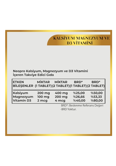 Neopro Kalsiyum, Magnezyum Ve D3 Vitamini İçeren Takviye Edici Gıda - 60 Tablet