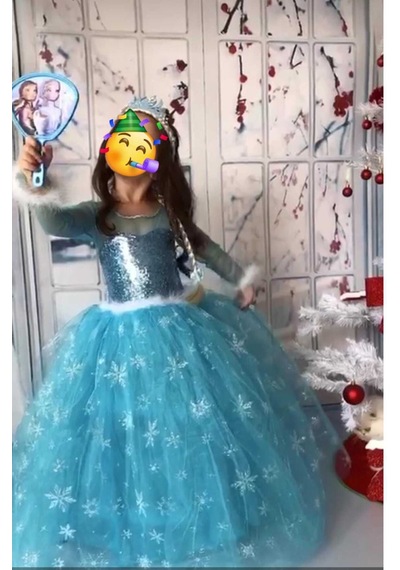 Parti Selesi Kız Çocuk Mavi Uzun Kol Simli Tarlatanlı Full Set Elsa Kostümü Mavı