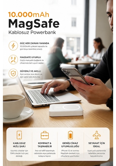 MagSafe Uyumlu 10000 mAh Kablosuz Hızlı Şarj Powerbank Taşınabilir Şarj Cihazı