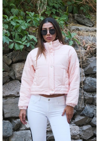 Keyifli Moda Kadın Pudra Dik Yaka Çıtçıtlı Fermuarlı Kısa Şişme Mont - 40 Pudra