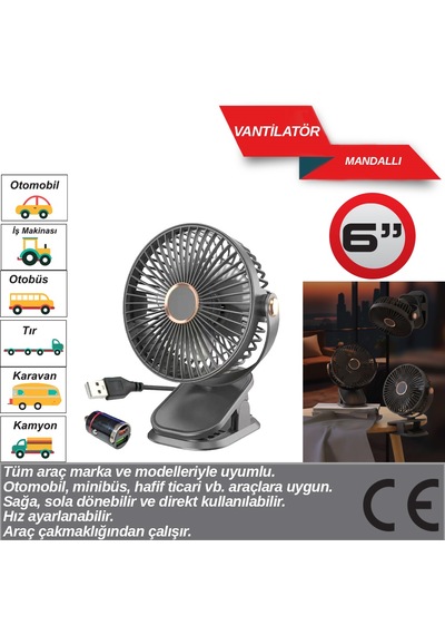Evde Ofiste Araçta Vantilatör 12-24 Volt 6 Inç Mandallı Usb Ve Çakmaklık Girişli
