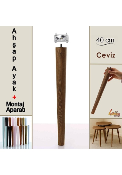 Ahşap Ayak 40 Cm Ceviz M8 Civatalı Bağlantı Aparatlı Mobilya Tabure Sehpa Masa Destek Ayağı Ceviz
