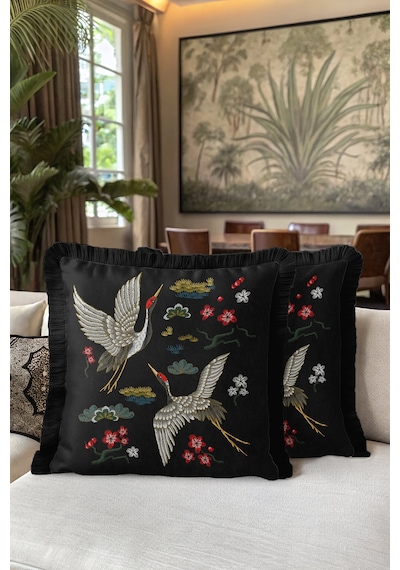 Zarif Turna Kuşu Saçaklı Yastık Kılıfı - Asya Esintili Bohem Siyah Krem Püsküllü Kırlent Kılıfı Tozlu Grili Şarap Zarif Turna Kuşu Saçaklı Yastık Kılıfı - Asya Esintili Bohem Siyah Krem Püsküllü Kırlent Kılıfı Tozlu Grili Şarap