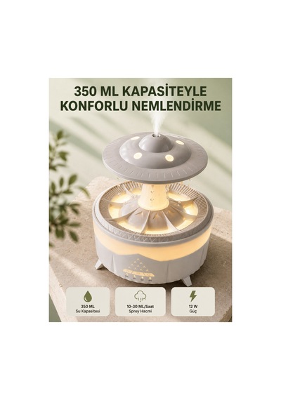 Dekoratif Ufo Ha Nemlendirici Simüle Yağmur Damlalı Renkli Gece Işıklı 350 Ml