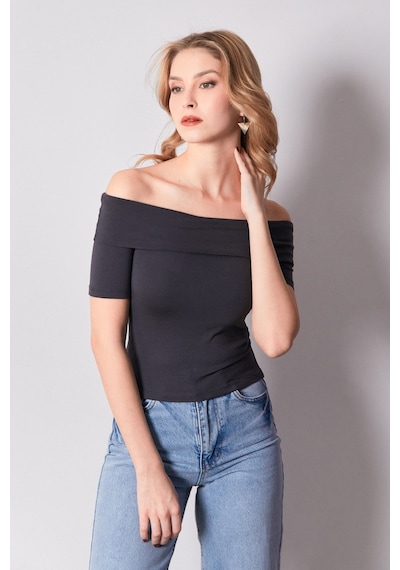 Fullamoda Basic Madonna Yaka Bluz 25ygb650126872-füme Füme