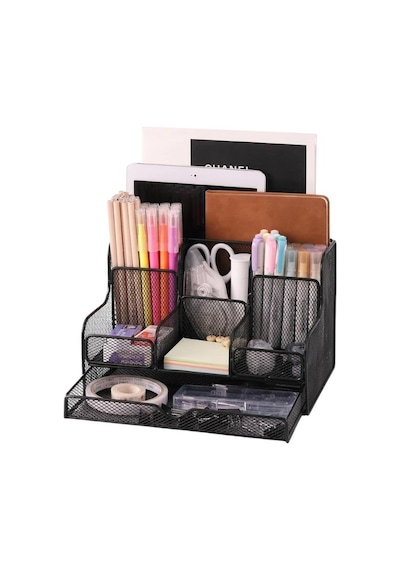 Temel Siyah Metal Mesh Masaüstü Organizer Çekmeceli Çok Bölmeli 25x17x16 Cm 9527b
