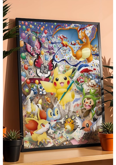 Pikachu Sanat Festivali Çerçeveli Tablo - Lüks Çok Renkli Pokemon Anime Çocuk Odası Duvar Dekoru Siyah