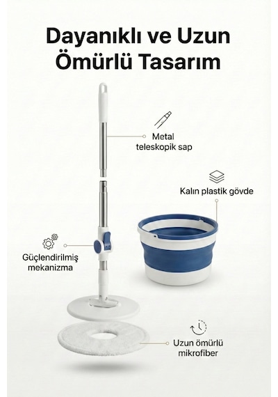 Katlanabilir Spin Mop Temizlik Seti 7l Kova, 360 Döner Başlık, Teleskopik Sap, Yer Tasarruflu Mop Seti