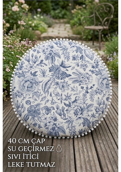 Yuvarlak Minder 40 Cm Çap Çiçekli Dekoratif Puf Minder Su Geçirmez Sıvı İtici Leke Tutmaz Ev Dekoru Çok Renkli