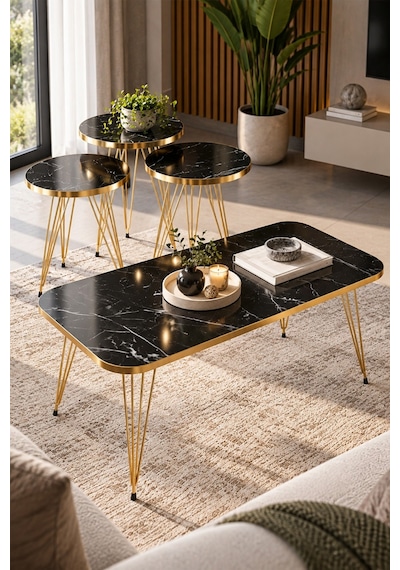 Sulorahome Gold Bendir Tel Zigon Ve Orta Sehpa 4 Parça Seti Beyaz Mermer - Siyah Mermer - Altın Ayak Sulorahome Gold Bendir Tel Zigon Ve Orta Sehpa 4 Parça Seti Beyaz Mermer - Siyah Mermer - Altın Ayak