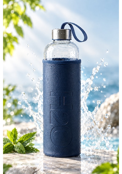 H2o Sağlıklı Cam Matara 1000 Ml Su Şişesi, Deri Kılıflı 1 Lt Sporcu Suluğu Lacivert