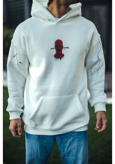 Erkek Kapüşonlu Kanguru Cepli Sweatshirt 3 İplik Pamuklu Baskılı Hoodie - Beyaz