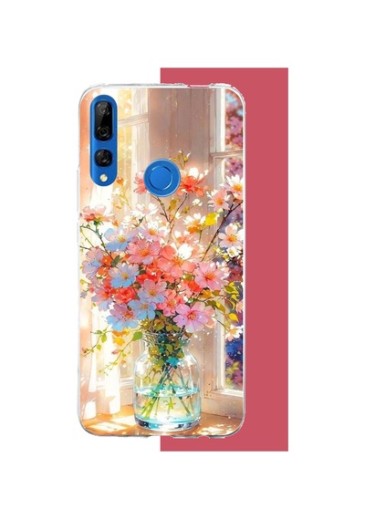 Huawei Y9 Prime 2019 Uyumlu Vazodaki Çiçek Baskılı Silikon Kılıf Renkli