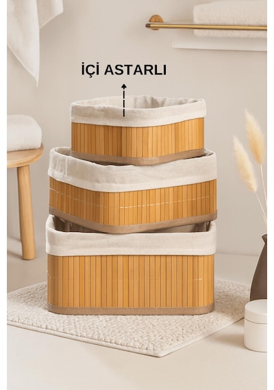 3 Lü Kare Doğal Bambu Sepet Seti - Pinterest Dekoratif Organizer Düzenleyici Sepet Takımı Bambu