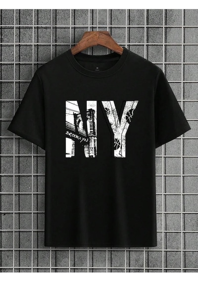 Ny Brooklyn Baskılı Unisex Oversize Siyah T-shirt Siyah