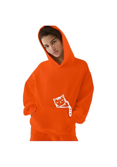 Benroma 3 İplik Penye Kedi Baskılı Ünisex Kapüşonlu Sweat Turuncu