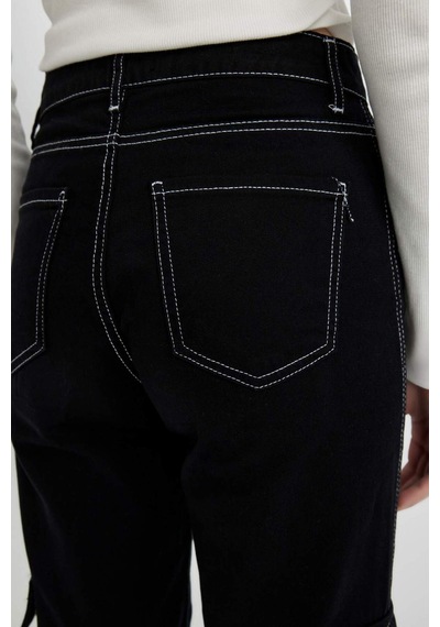 DeFacto Coool Straight Fit Gabardin Pantolon Kargo Cepli Yüksek Bel B0458AX23AUBK27 Siyah
