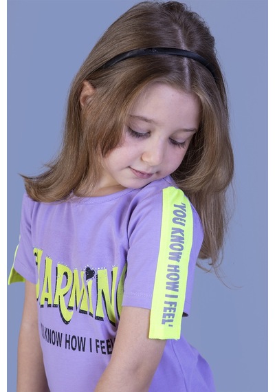 Toontoy Kids Toontoy Kız Çocuk Kolları Şerit Detaylı Baskılı Tişört Lila