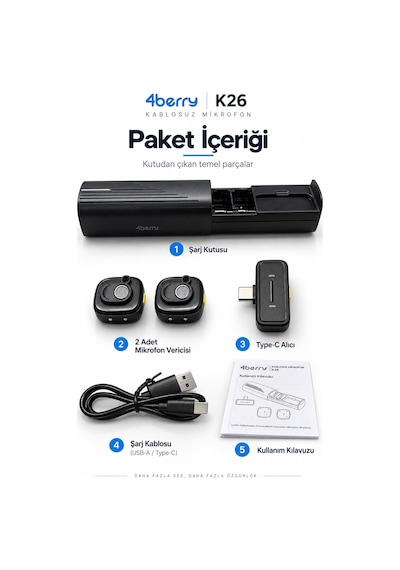 K26 Kablosuz Yaka Mikrofonu Type-c Çift Mikrofon Gürültü Azaltma Şarj Kutulu Vlog Röportaj Mikrofonu