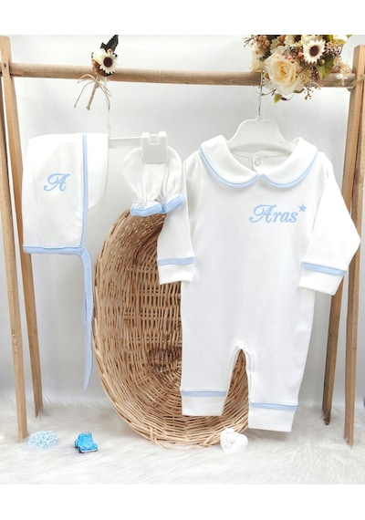 Gros Shop Biyeli 3'lü Pamuklu Hastane Çıkış Tulum Seti Kişiye Özgü İsimli Mavi