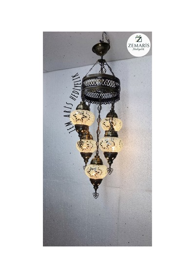 El Yapımı Otantik Mozaik 5 Li Avize Tavan Lambası Dekoratif Beyaz - 786500254 Beyaz