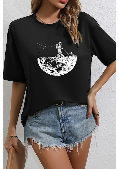 Unisex Uzay Temalı Baskılı Tasarım Tshirt SIYAH