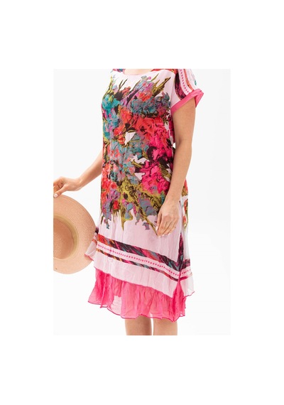 Eliş Şile Bezi Kısa Kol Vual Defne Midi Boy Elbise Pembe 6060 Pembe