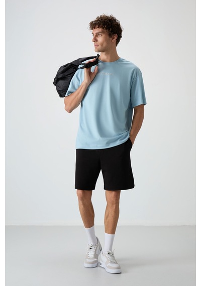 Air Jones Tommy Life Açık Mavi Pamuklu Kalın Yüzeyi Dokulu Oversize Fit Baskılı Erkek T-shirt - 88364 Açik Mavi