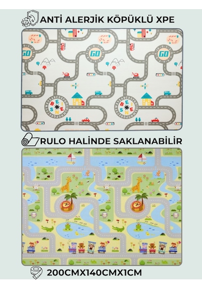 Pureza Çift Taraflı Rulo Oyun Matı 200CMX140CMX1CM Kaymaz, Darbe Emici, Su Geçirmez, Yeşil Parkur/Araba Yarışı | (Yerli Üretim)