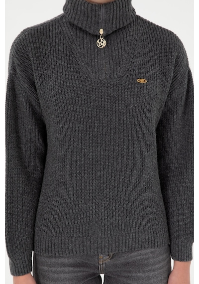 U.S. Polo Assn. Kadın Antrasit Melanj V Yaka Fermuarlı Kazak 50297086-VR081