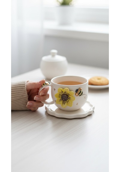 24k Altın El Yapımı Ayçiçeği Ve Vız Vız Arı Temalı Seramik Mug Altın - Sarı