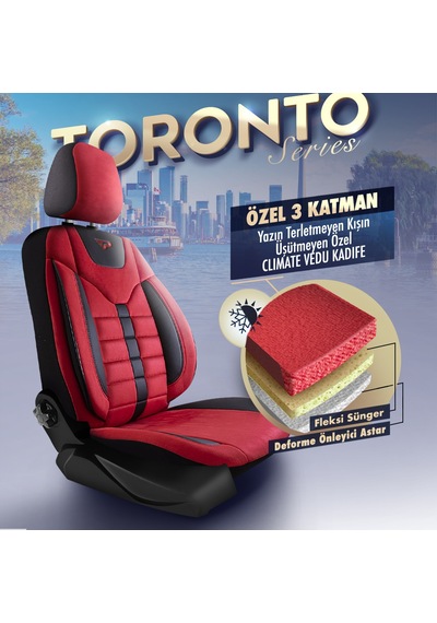 Panda Toronto Serisi Süet Kumaş Oto Koltuk Kılıfı - Kırmızı / Siyah