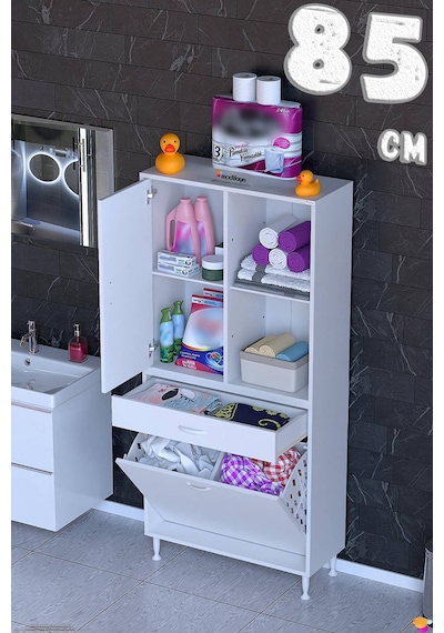 Afra 85 Cm 2 Gözlü Kirli Çamaşır Sepet, 1 Kapak Ve Çekmeceli 4 Raflı Çok Amaçlı Banyo Dolabı Beyaz Afra 85 Cm 2 Gözlü Kirli Çamaşır Sepet, 1 Kapak Ve Çekmeceli 4 Raflı Çok Amaçlı Banyo Dolabı Beyaz