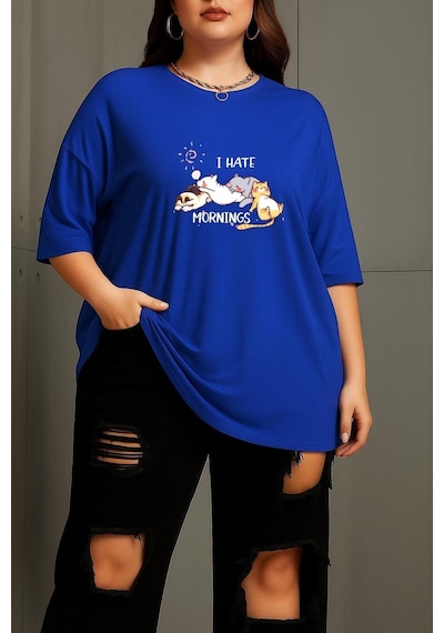 Büyük Beden Uyuyan Kediler Unisex Tişört Saks Mavisi