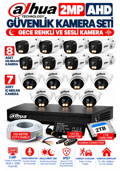 15'li 2mp Ahd Full Color Renkli Gece Görüş Sesli Kamera Seti 8 Dış - 7 İç Mekan Kamera
