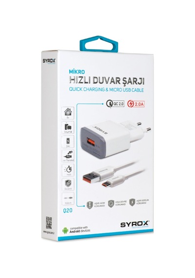 Syrox Q20 Şarj Aleti Micro Usb Kablo Set 2.0A - Beyaz (303964239)