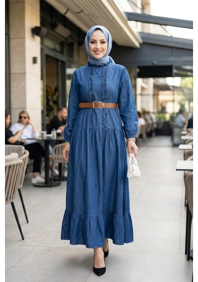 Hb Harma Time Butik Kadın Fırfır Detaylı Düğmeli Kemerli Kot Mavi Elbise Koyu Mavi